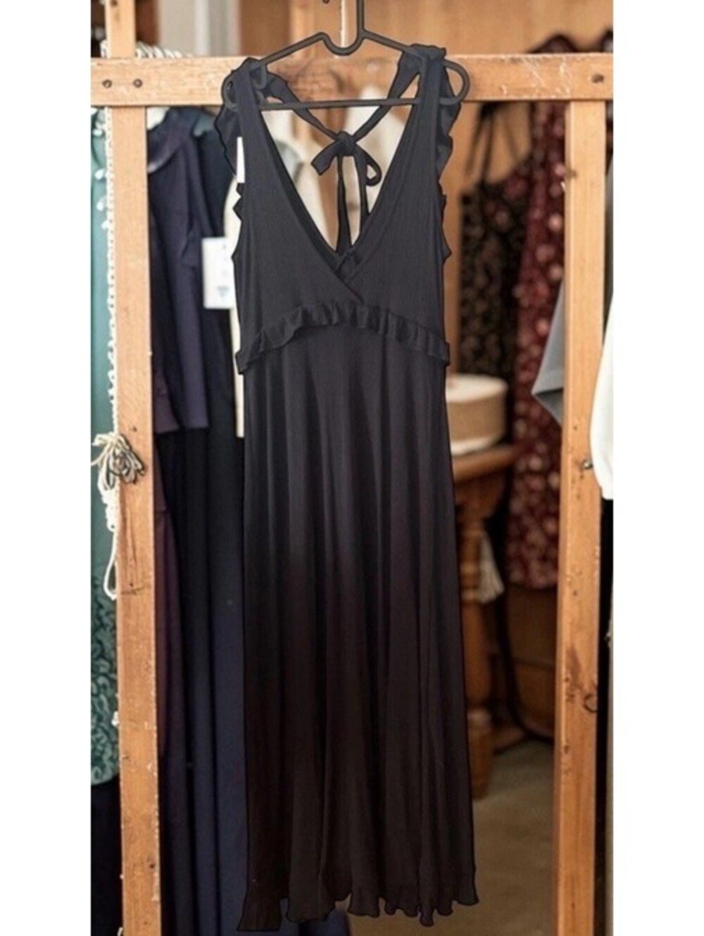 Anthropologie Maxi Black Dress Ruffle Detail Size Medium 56’ Long Summer Party